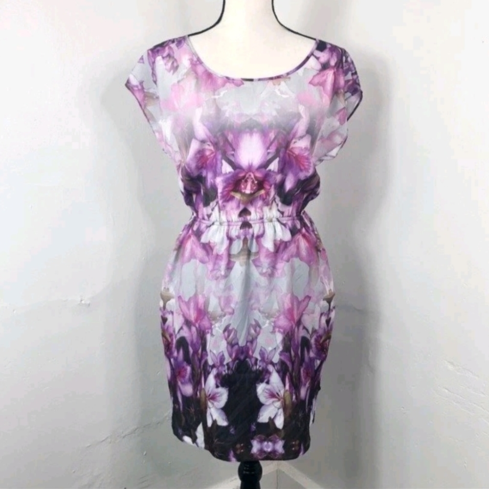 Express Purple Floral Blouson Belted Mini Dress Size Small